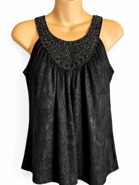 IZ Byer California Black Beaded Sleeveless Tunic Top Size M Embellished Crinkle
